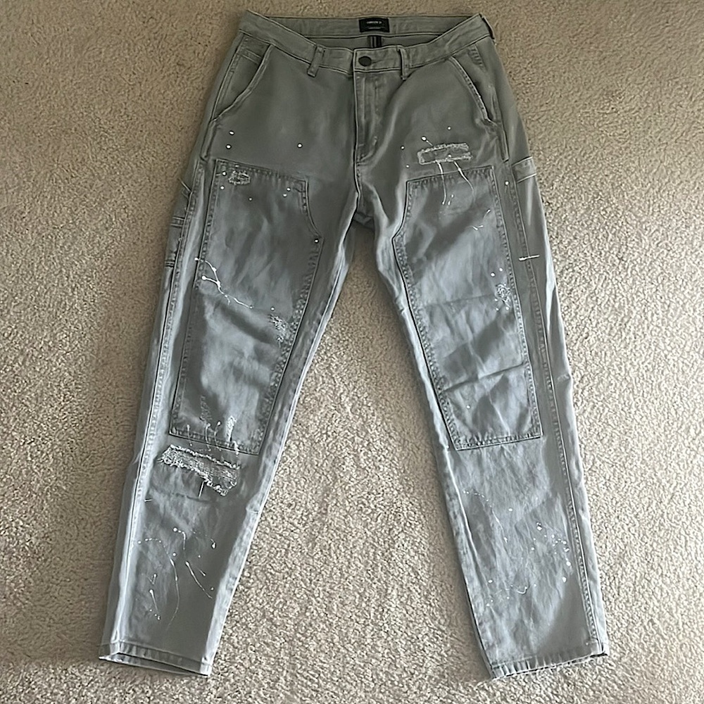 Distressed Olive Green Jeans with Paint Markings